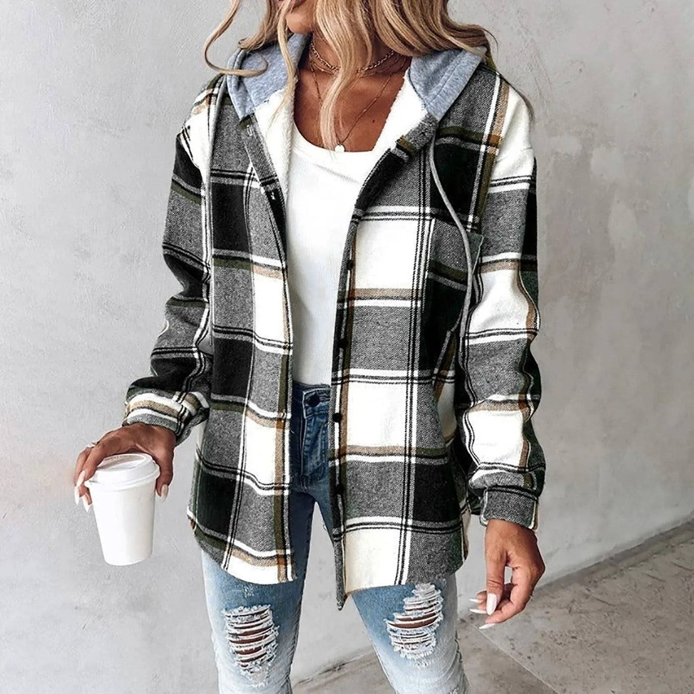 Alvie I Plaid Long-Sleeve Button Down Hooded Jacket