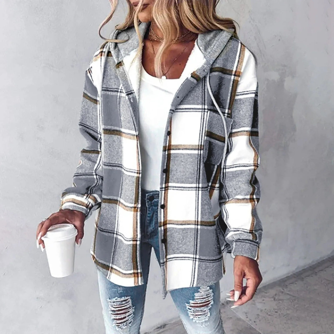 Alvie I Plaid Long-Sleeve Button Down Hooded Jacket