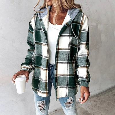 Alvie I Plaid Long-Sleeve Button Down Hooded Jacket