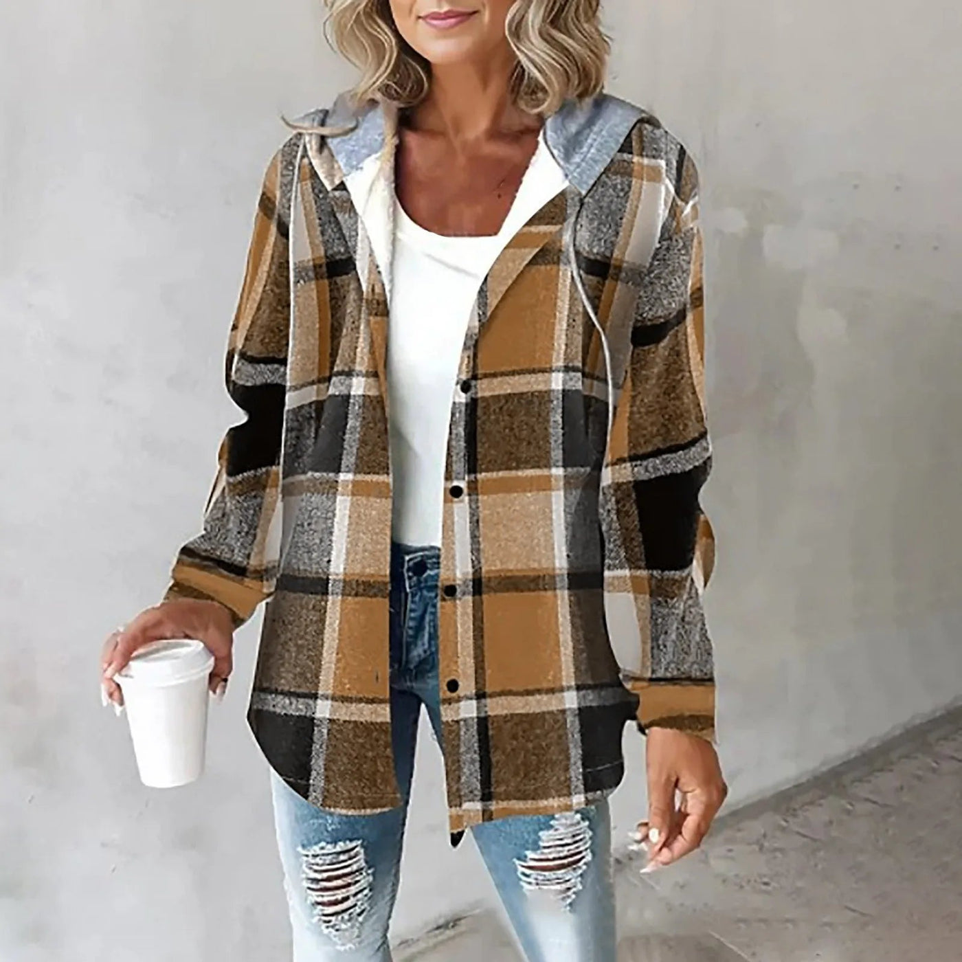 Alvie I Plaid Long-Sleeve Button Down Hooded Jacket