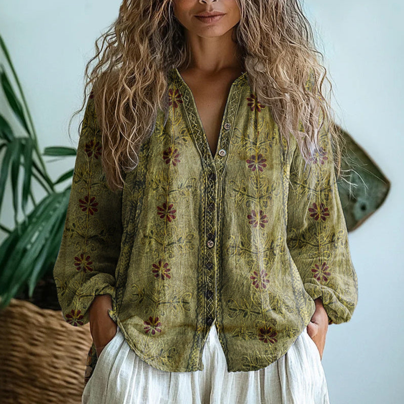 Ginny | Retro Leaf Print Blouse