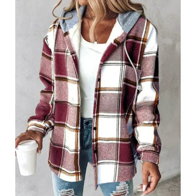 Alvie I Plaid Long-Sleeve Button Down Hooded Jacket